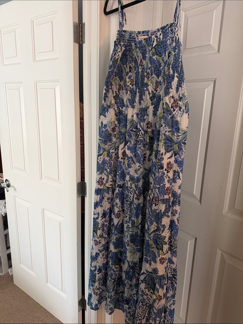 Blue Floral Smocked Maxi Dress with Spaghetti Straps